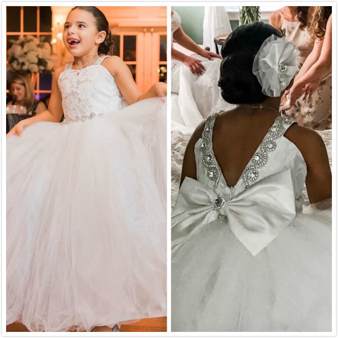Lace Crystals Backless Flower Girl Dresses Spaghetti Tulle Little Girl Wedding Dresses Vintage Communion Pageant Dresses Gowns F156