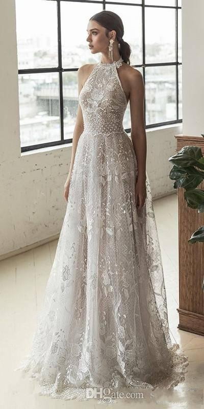 2020 Julie Vino Full Lace Wedding Dresses Halter Neckline Sexy Open Back Bohemian Customized vestido de novia robe de mariée Bridal Gowns
