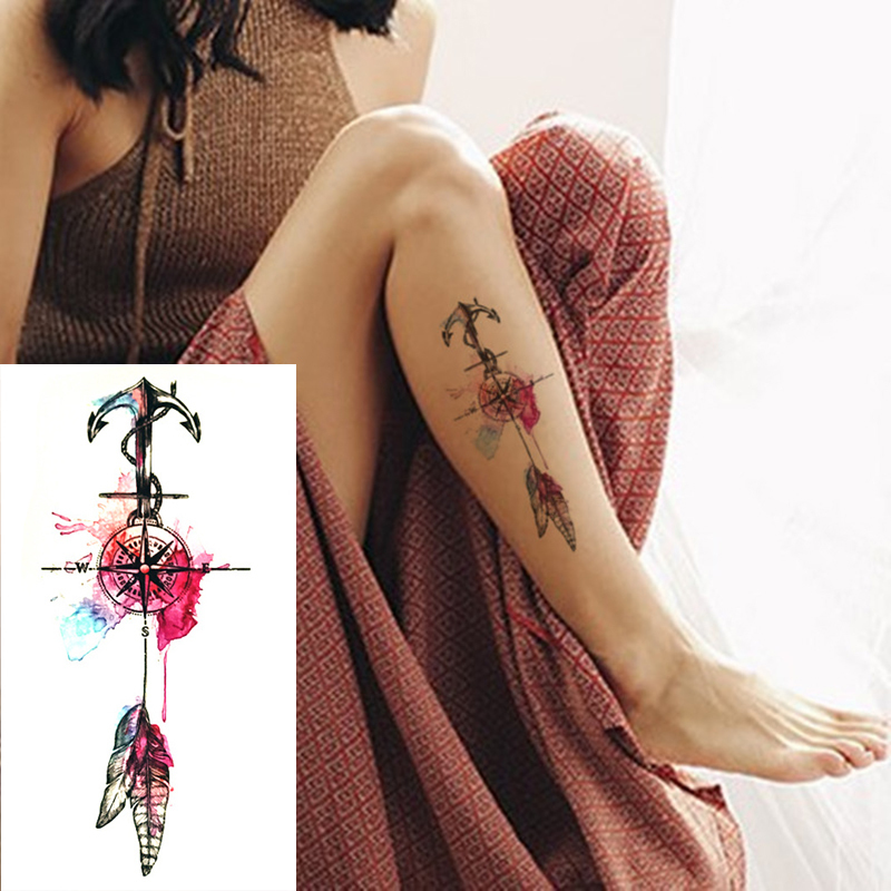 2017 New Anchor And Feathers Temporary Tattoos Waterproof Sexy Women Body Art Color Fake Tattoo Compass On Shoulder Arm