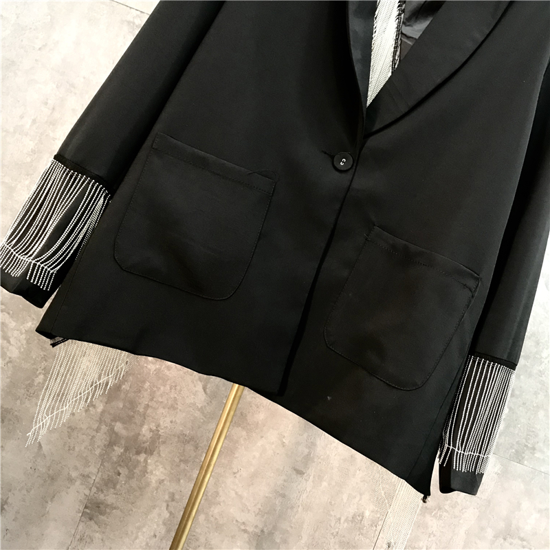 Womens black turn down collar long sleeve beading tassel patchwork back vent jag personality cool fashion blazer suit coat casacos