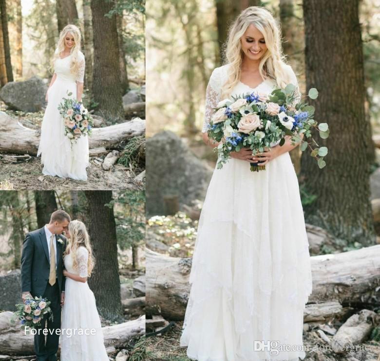 2019 Cheap Western Country Bohemian Forest Wedding Dress Lace Chiffon V Neck Boho Garden Country Bridal Gown Custom Made Plus Size