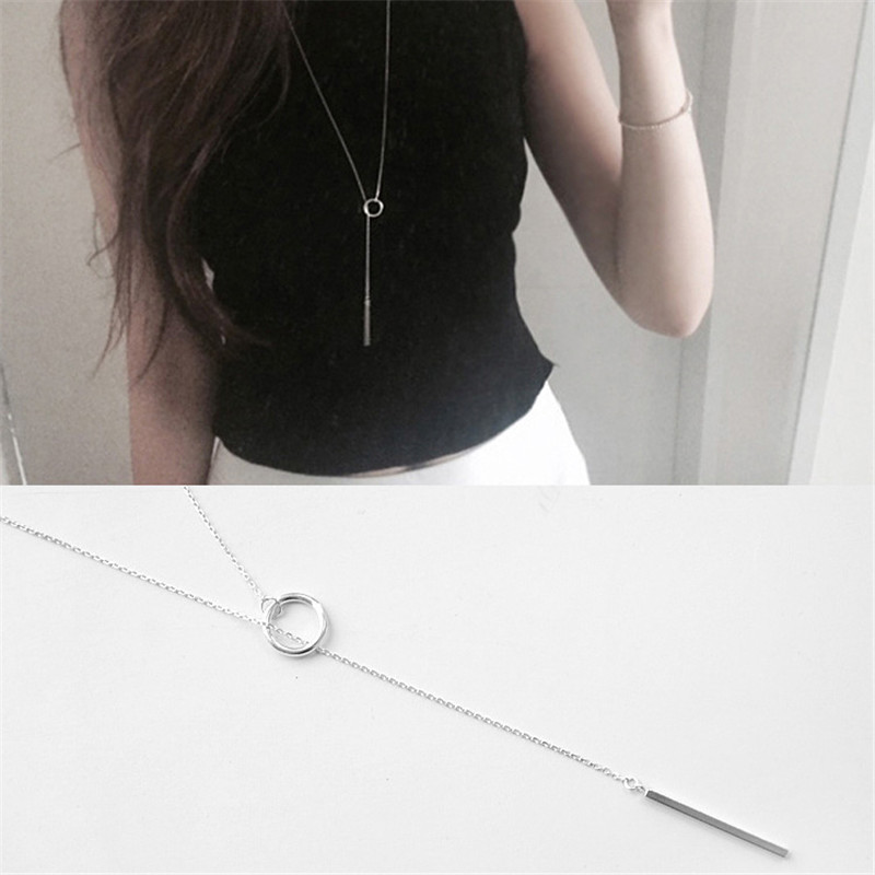 100% 925 Sterling Silver Circle Strip Bar Pendant Necklaces Adjustable Chain Necklaces for Women Wedding Jewelry Gifts Long Chain Necklace