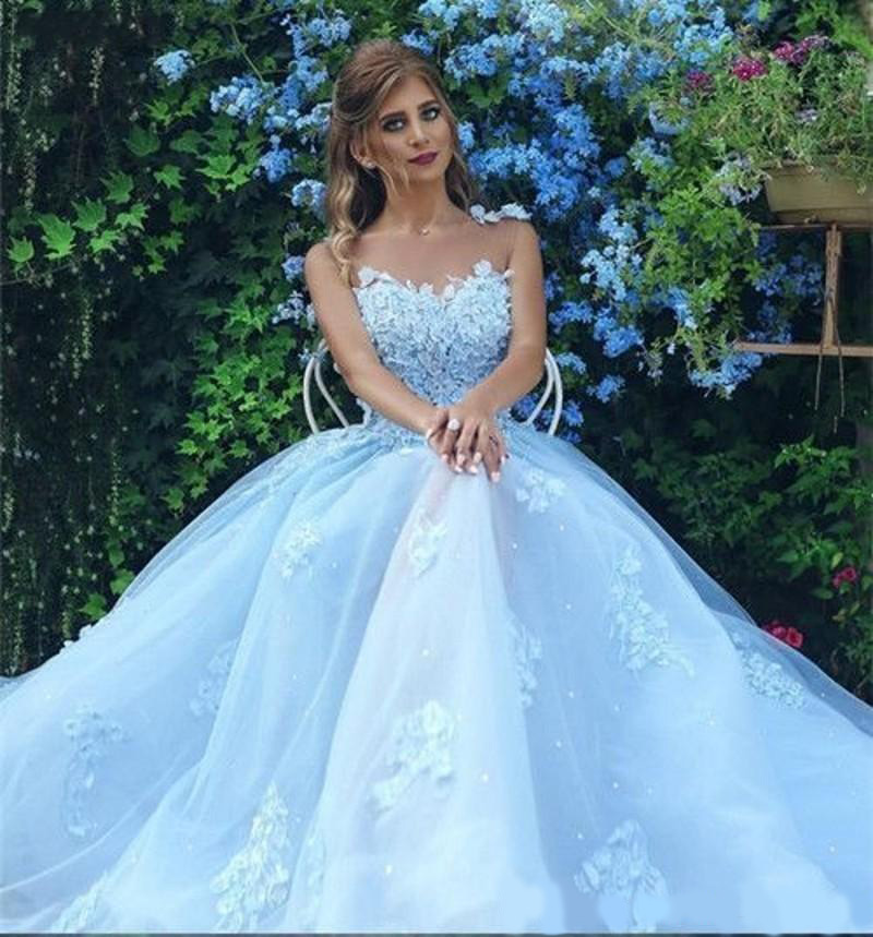 Light Blue Ball Gown Quinceanera Dresses 2020 Sheer Neck Backless Appliques Prom Party Gowns Sweet 16 Birthday Dress Vestido de 15 anos