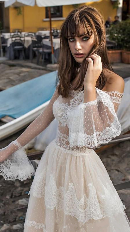summer beach bohemian wedding dresses long sleeves off shoulder france lace princess church country bridal gowns vestido de noiva