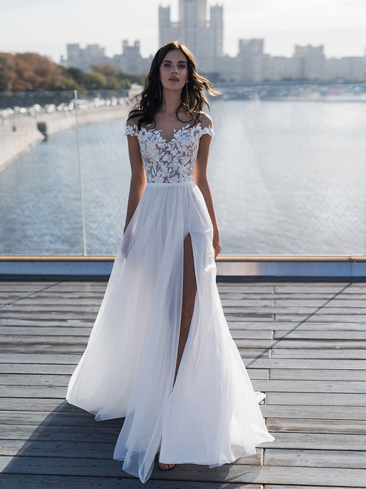 Beach Wedding Dress Lace Appliques Tulle Summer Bride Side Slit Gowns Elegant Long Robe De Mariee