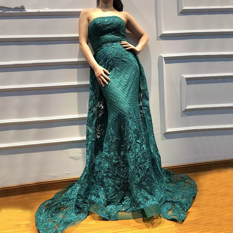 Dark Green Lace Prom Dresses Detachable Train Formal Evening Gowns Strapless Floor Length Sheath Party Dress