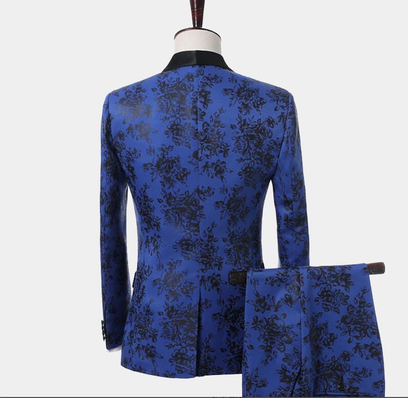 fashion suits with black print blue ral designs mens three pieces blazer slim fit suit jacket men wedding tuxedos