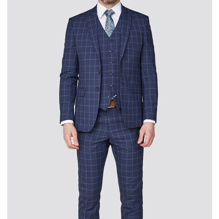 Newest Check Groom Wear Tuxedos Navy Blue 3 Pieces Men Pant Suits Notched Lapel Formal Gentlemen Formal Wedding Blazer
