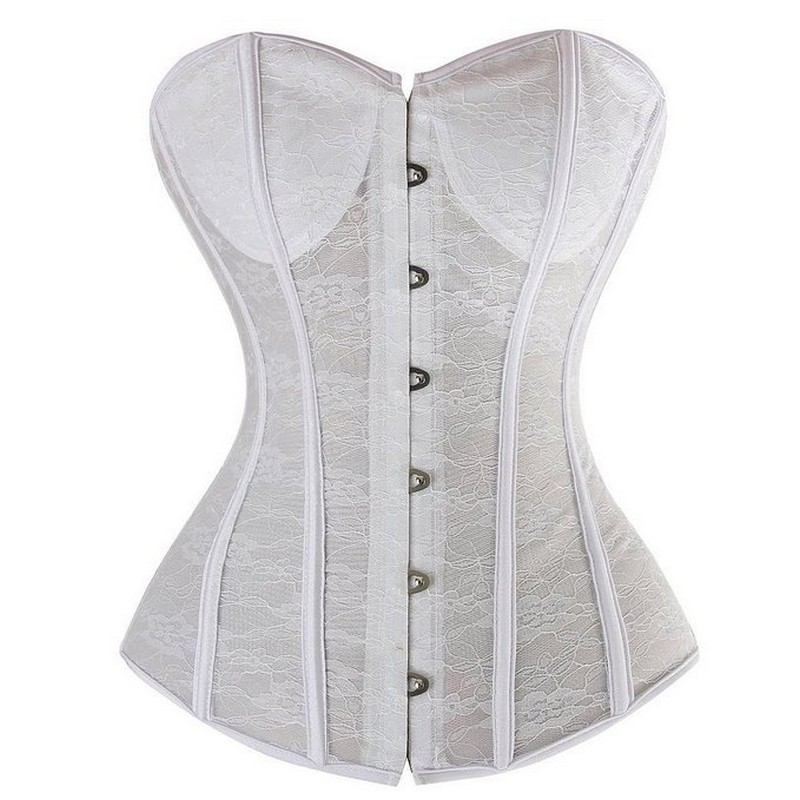 Lace Mesh Overbust Corset Top Women Fashion Transparent Steel Boned Underwire Padded Cups Sexy Lace-up White Bridal Corset