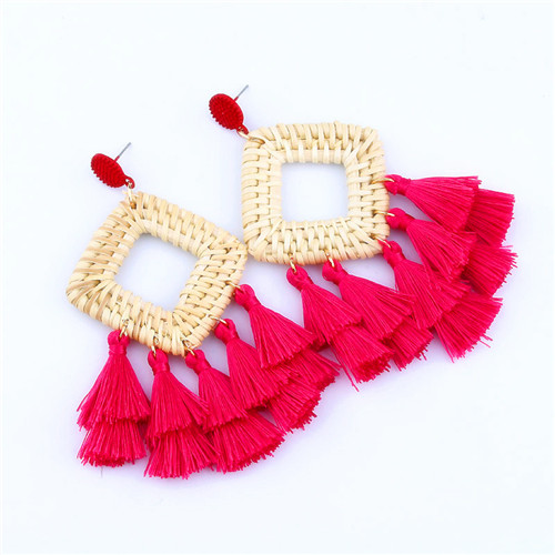 Bohemian tassel earrings statement handmade ethnic tassel earrings bamboo geometric square fan shaped ladies