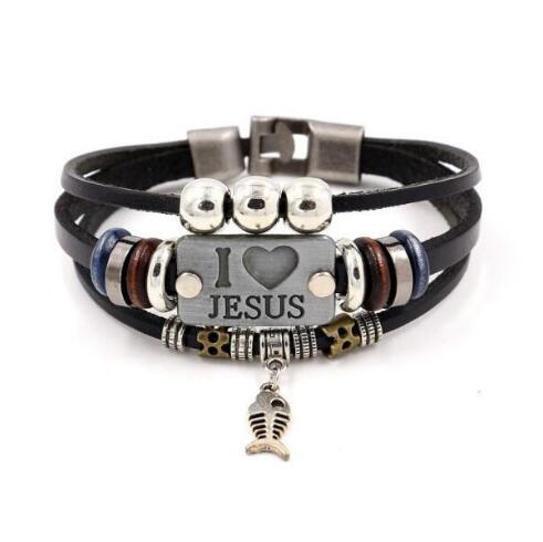 I LOVE JESUS Charm Bracelets Vintage Fish Pendant Christian Multilayer Leather Bracelets for Mens Women Bangle GD115