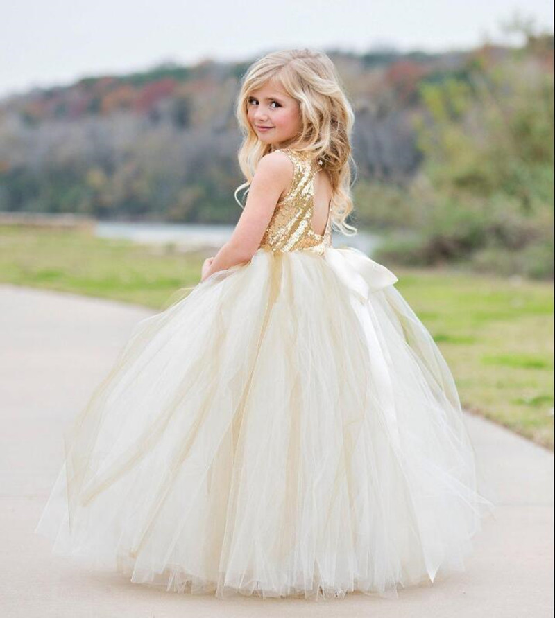 gold ball gown girl pageant dresses jewel neck sequins sleeveless flower girl gowns ruffle hollow back glitter birthday gowns