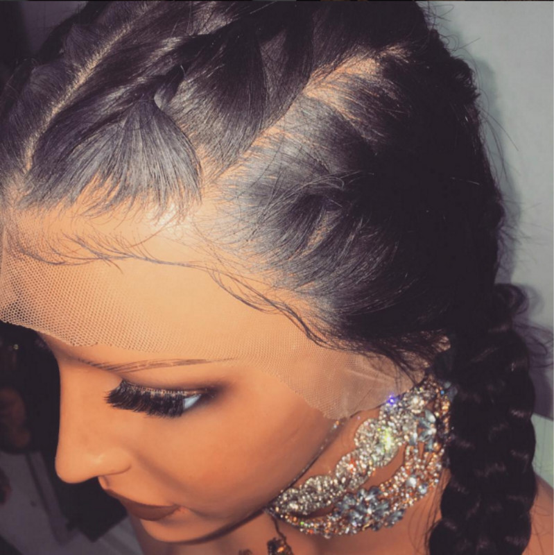 Chemical fiber front lace wig women half-hand hook stylish black long straight hair big braids jaundice fish bone braids