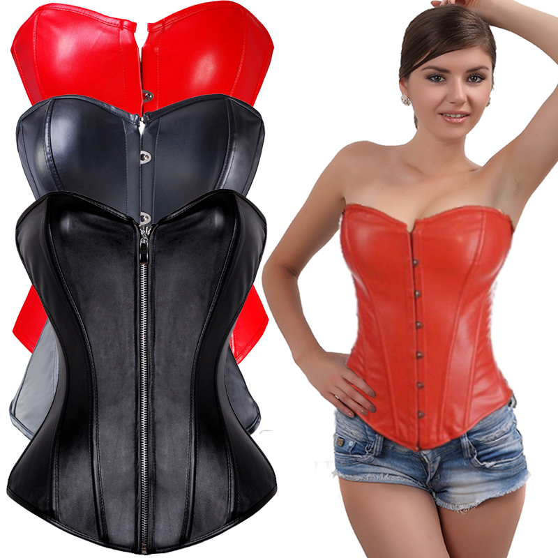 Women's Plus Size Faux Leather V-Neck Sexy Overbust Corset Bustier XS-6XL Zip-up Front Clubwear Steampunk Style Lingerie Black Red