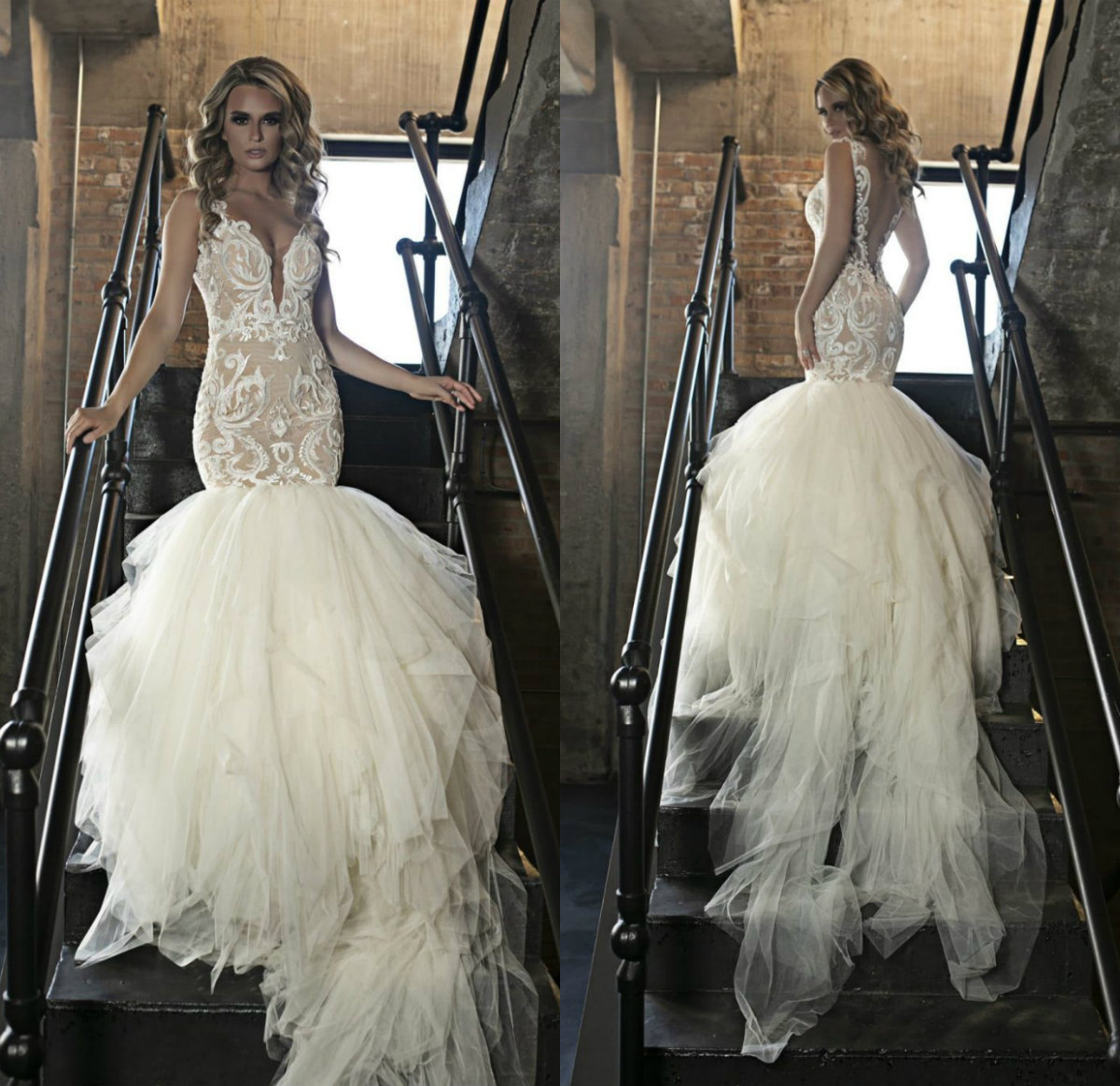 Plus Size Mermaid Wedding Dresses Plunging Neck Lace Applique Country Wedding Dress Bridal Gowns Custom Made Backless Robes De Mariée