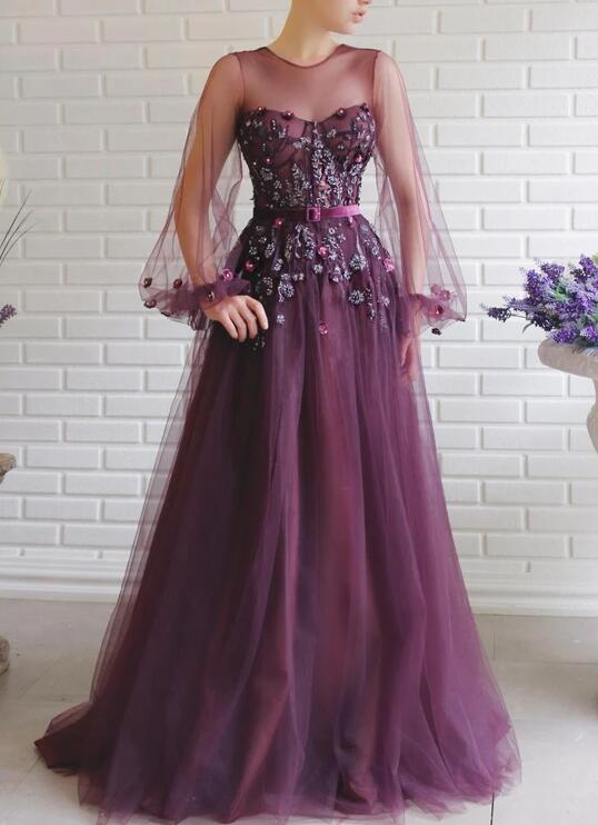 Elegant Evening Dresses Jewel Neck Lace 3D Floral Appliques Beaded Prom Dress Sweep Train Long Sleeves Formal Party Gowns