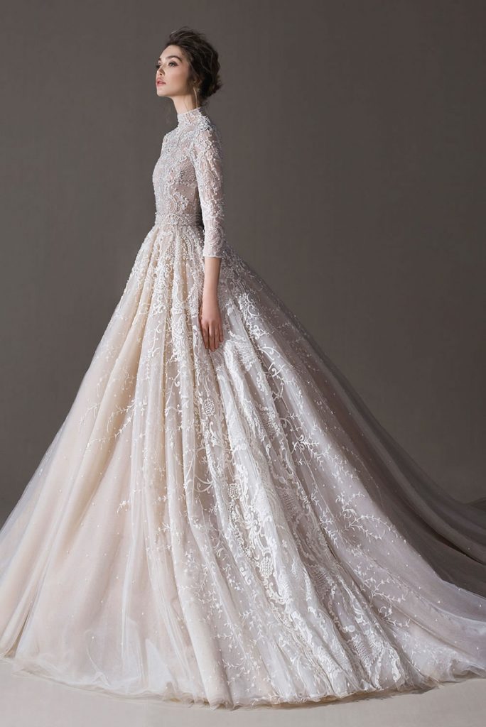 Elegant A e Dresses High Collar Lace Appliques Wedding Dress Long Sleeve Beach Sweep Train Bridal Gowns