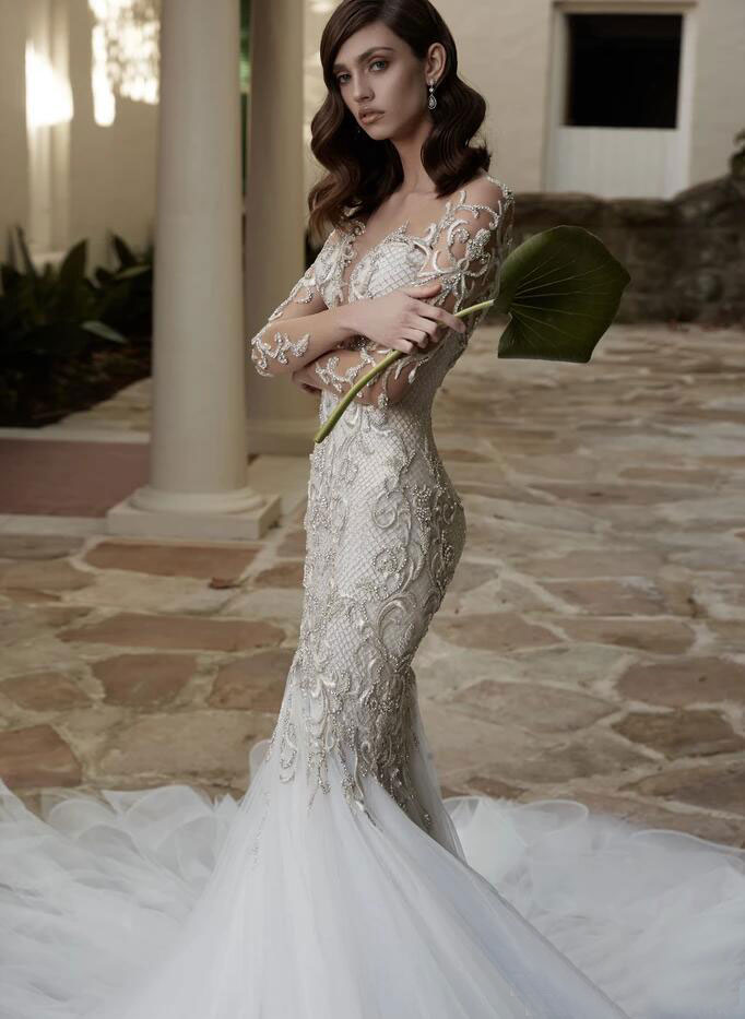 Beaded Mermaid Lace Wedding Dresses Sheer Plunging Neck Long Sleeves Bridal Gowns Court Train Tulle Trumpet Robe De Marie
