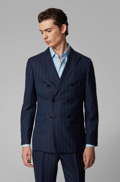 Navy Young Stripe Groom Wedding Tuxedos Men Groom Suits Peaked Lapel Double Breasted Prom Party Blazer Jacket (Jacket+Pants)