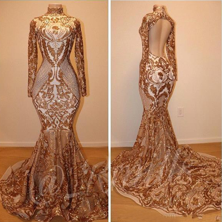 Black Girls New Gold Mermaid Evening Dresses Dubai Arabic High Neck Long Sleeves Formal Dress Prom Party Wear