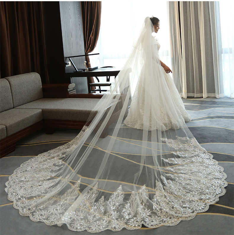 Shining Sequined Wedding Veils Peacock Appliqued Edge 3M Long Cathedral Length Lace Bridal Veil With Comb For Women Hair Accessories
