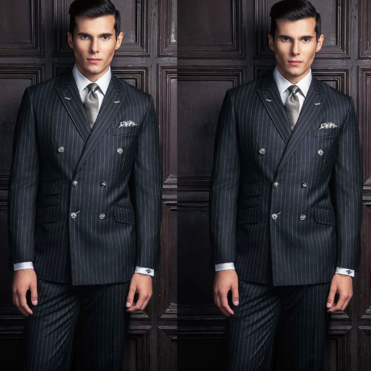 2 Pieces Stripe Mens Wedding Suits Double Breasted Peaked Lapel Groom Formal Wear Prom Tuxedos Best Man Blazer Suit (Jacket+Pants)