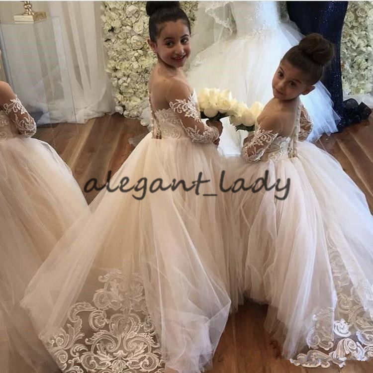 2020 Lovely Lace Applique Flower Girls Dresses Illusion Long Sleeve Sheer Neck Little Princess Kid Birthday Wedding Party Dress