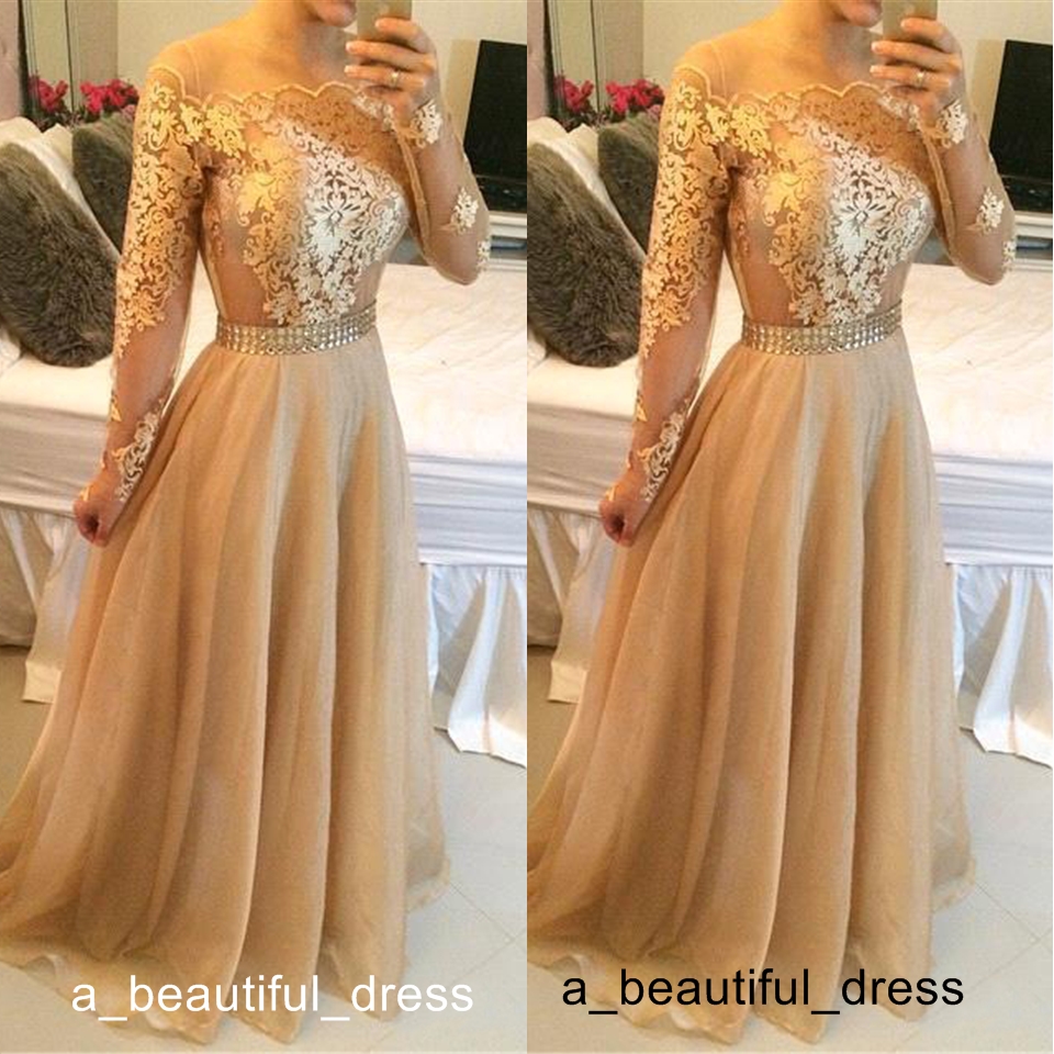 Long Sleeves Champagne Prom Dresses Lace Appliques off Shoulder Bateau Custom Made Formal Evening Celebrity Gowns Beaded Sash Party ED1303