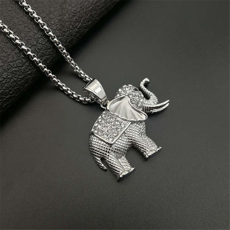 Iced Out Zircon Elephant Pendant Animal Necklace Jewelry Gold Color Stainless Steel Bling CZ Men's Hip Hop Pendant For Women
