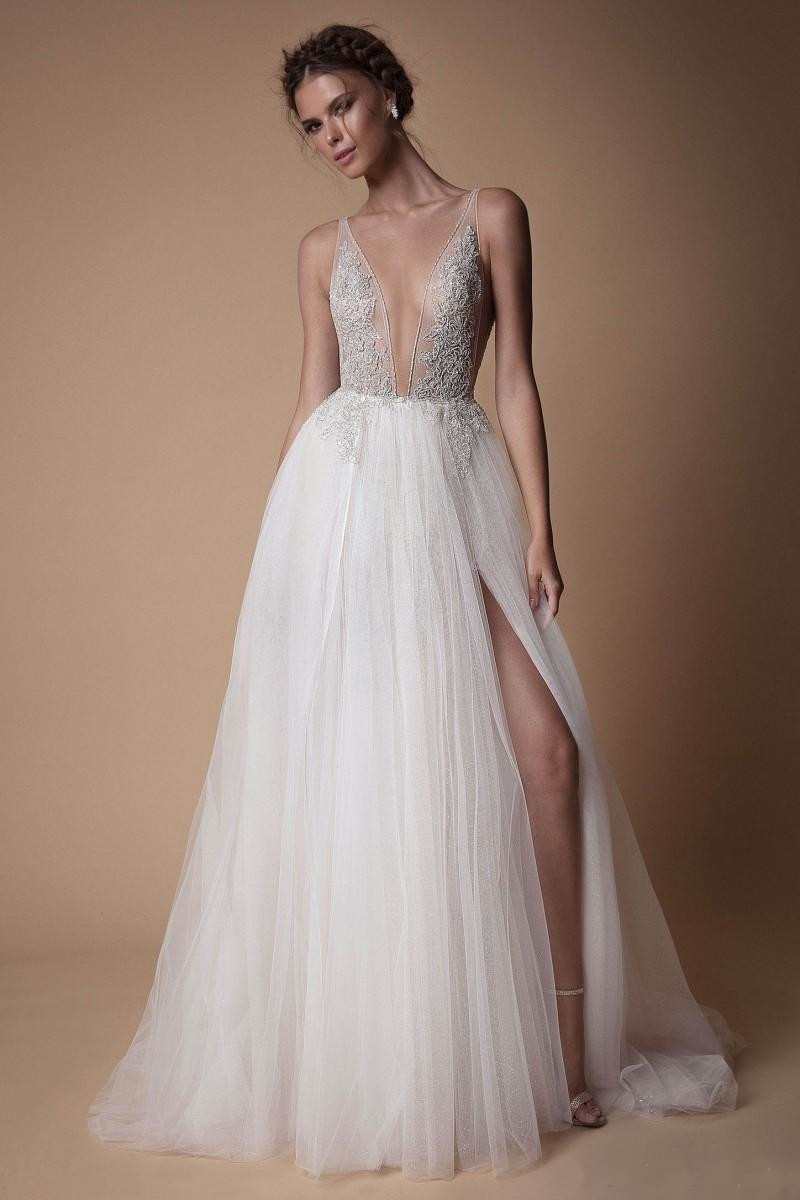 Berta 2020 New Lace Wedding Dresses Backless V Neckline Illusion Bodice Floor Length Sexy Open Back Front Split Bridal Gowns
