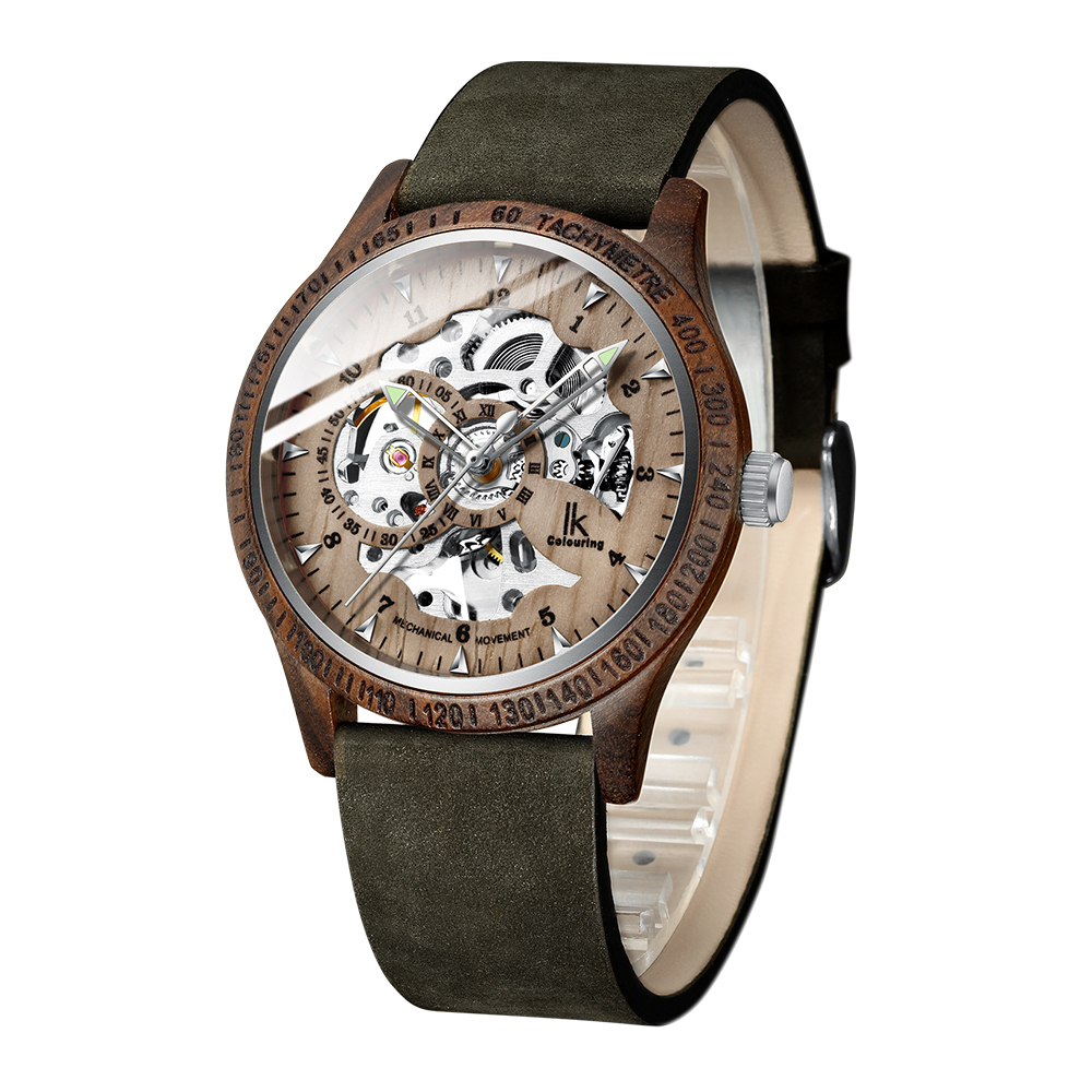 IK Colouring Men Watch Fashion Casual Wooden Case Crazy Horse Leather Strap Wood Watch Skeleton Auto Mechanical Male Relogio Y200414