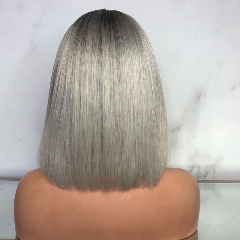 Free shipping Hotselling silk base Short Bob Ombre Wig with dark roots grey Straight Synthetic lace front Wigs for Women Heat Resistant