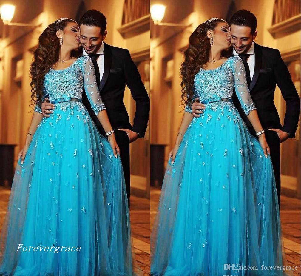 2019 Blue Lace Arabic Evening Dress Half Sleeves A-line Tulle Long Formal Holiday Wear Prom Party Gown Custom Made Plus Size