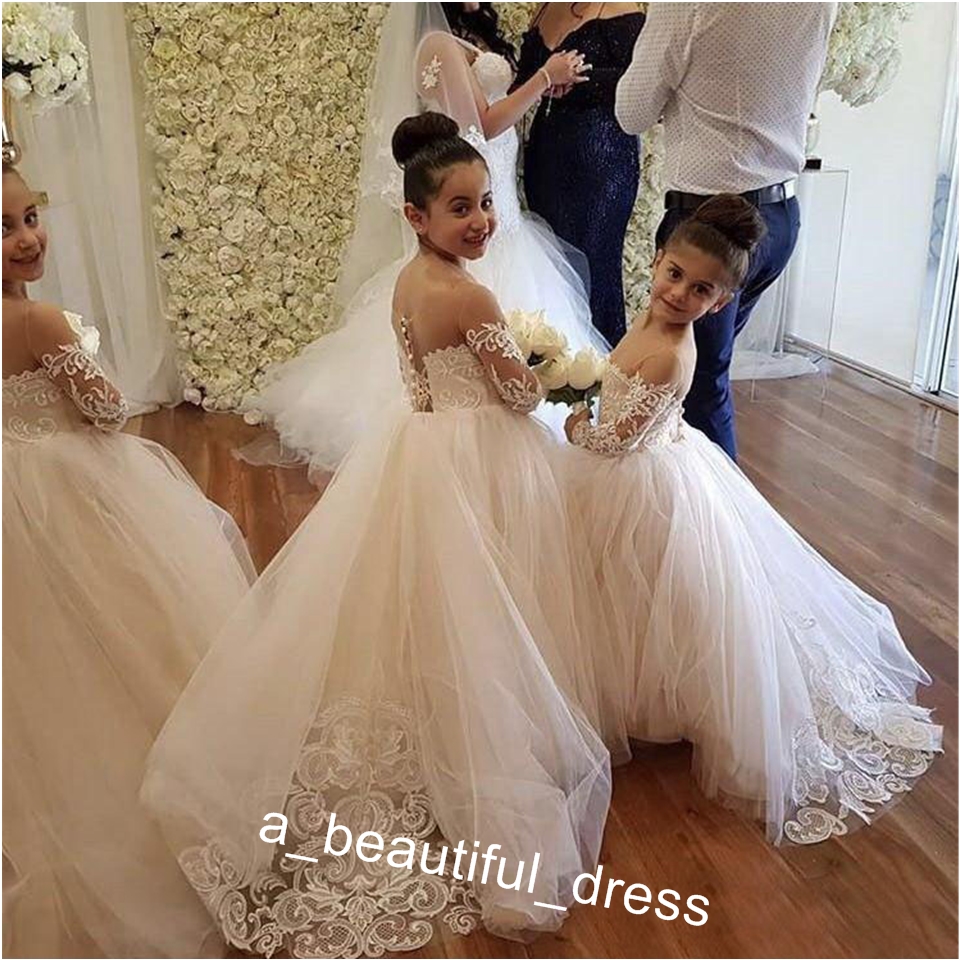 Lace Flower Girl Dresses for Weddings Jewel Neckline Long Sleeves Custom Made Girls Pageant Gowns A-line Kid Birthday Party Dress FG1251