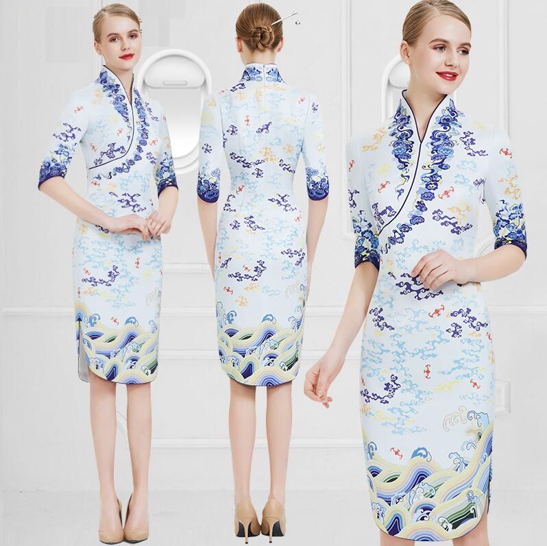 Air hostess uniform professional suit women's summer fashion hotel front desk high-end cheongsam dress 3/4 sleeve work clothes, Blue 
Air hostess uniform professional suit women's summer fashion hotel front desk high-end cheongsam dress 3/4 sleeve work clothes, Blue