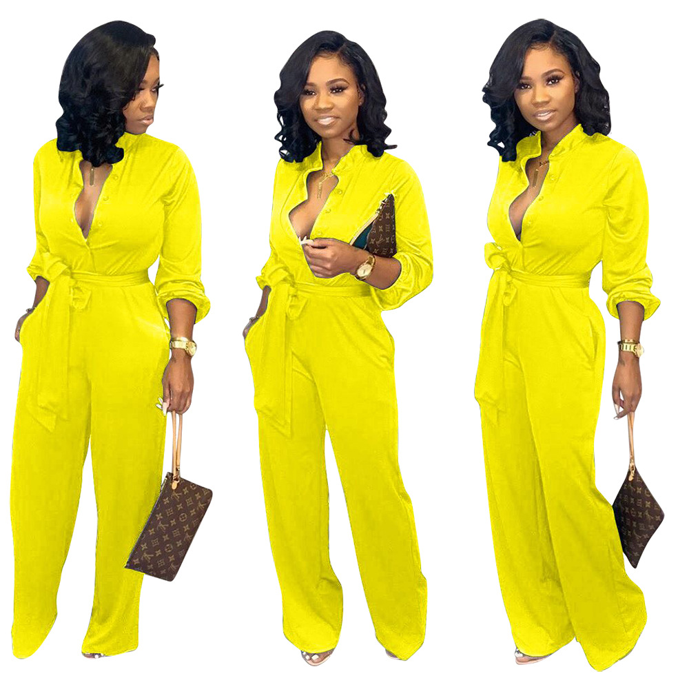 Jumpsuits European Spring and Autumn Fashion Belt Pocket Solid Color High Collar Long Sleeve Jumpsuit Support Mixed Batch