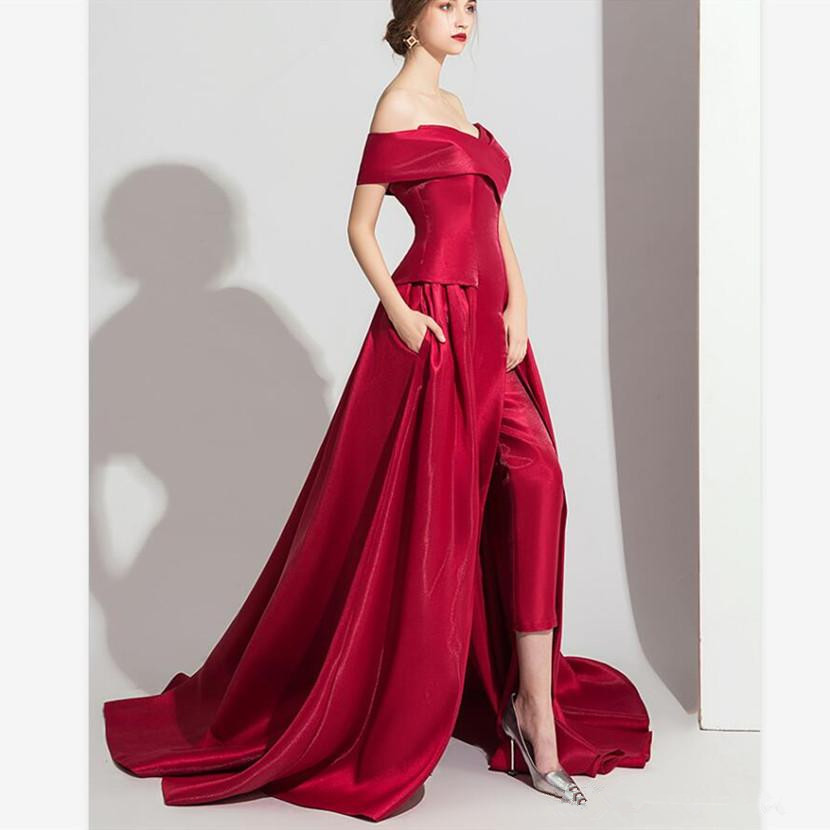 Dark Red 2020 Jumpsuits Prom Dresses Off The Shoulder Evening Gowns One Shoulder Women Formal Pants Party Dress