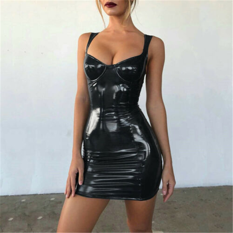 Women's Sexy Faux Leather Bodycon Mini Strappy Sheath Clubwear Evening Party Dress B3
