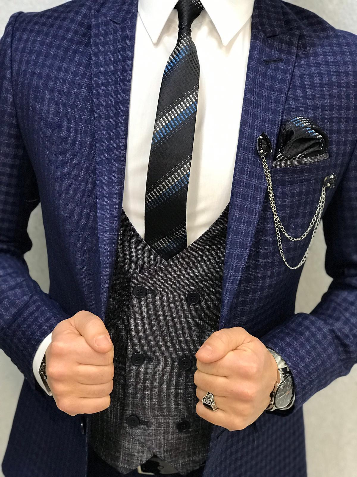 Navy Blue Plaid Groom Wedding Tuxedos Slim Fit 3 Pieces Notched Lapel Mens Pants Suits High Quality Designer Jackets