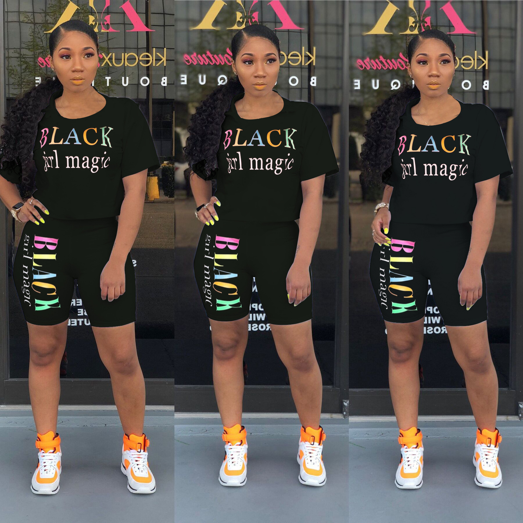 Spot Tracksuits European and American spring summer round neck short sleeve letter printed casual sports suit female