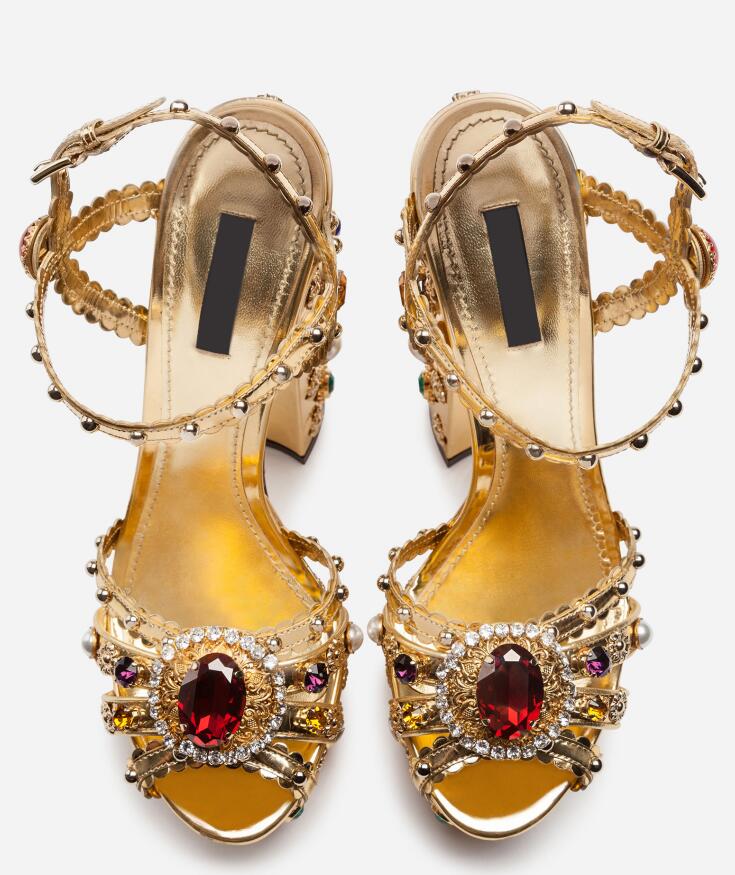 Hot Sale-Summer Women Platform Gladiator Party Sandals Gold Bohemia Floral Printing Chunky Heel Shoes Beading Sandalias High Pumps Ladies