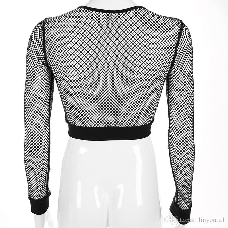 2020 Women T-shirt Solid Black Mesh Sexy Hot Long Sleeve Perspective Mesh Fishnet Crop Tops T-Shirt 2020