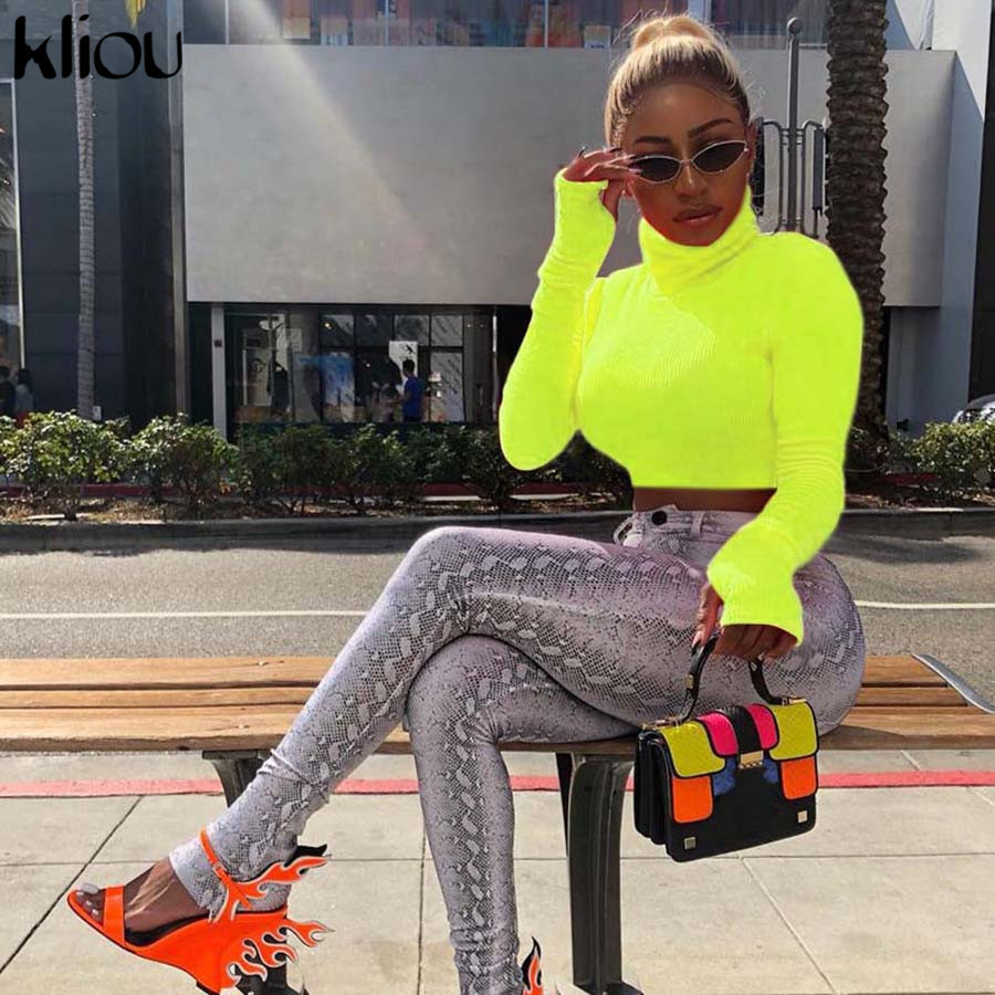 Kliou 2018 Autumn Winter Women Turtleneck Sweatshirts Full Sleeve Fluorescence Solid Color Female Short Pullovers Hoodies Tops C19041102