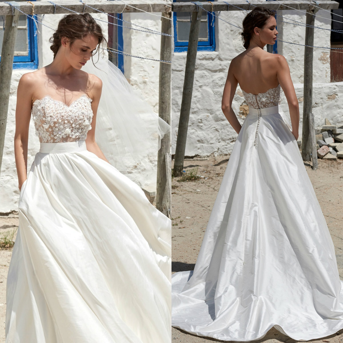 Elbeth Gillis A Line Beach Wedding Dresses Sweetheart Lace Appliques Satin Beaded Wedding Dress with Pockets Backless Bridal Gowns