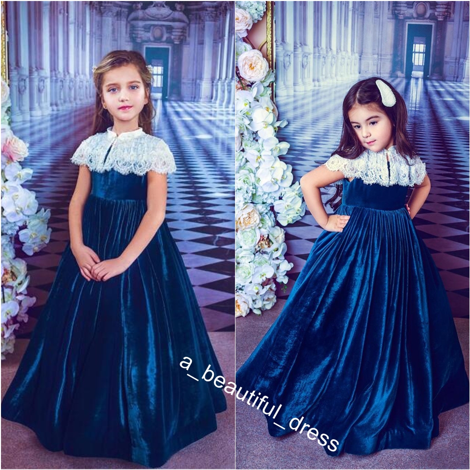 Hot Selling Kids Velvet Dresses Royal Blue Floor Length A-Line Empire Wedding Flower Dresses For Gitls One Piece Per Opp Bag FG1297