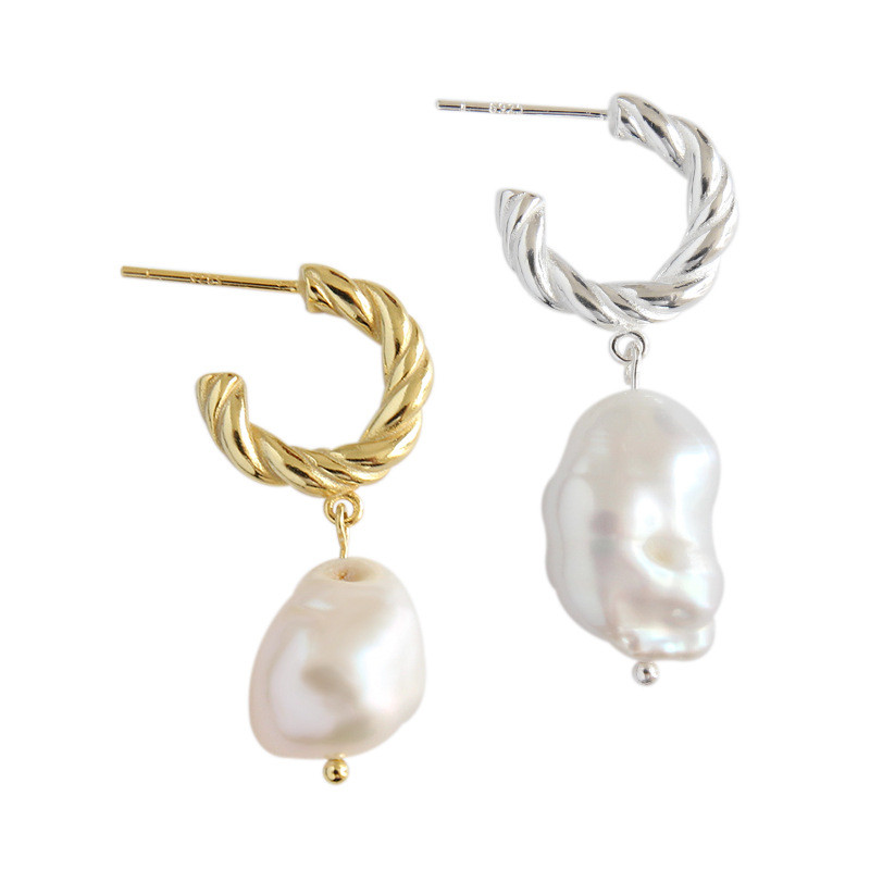Pure 925 Sterling Silver Earring Baroque Freshwater Pearl Dangle Earrings Female Twist Irregular Pearl Drop Earrings