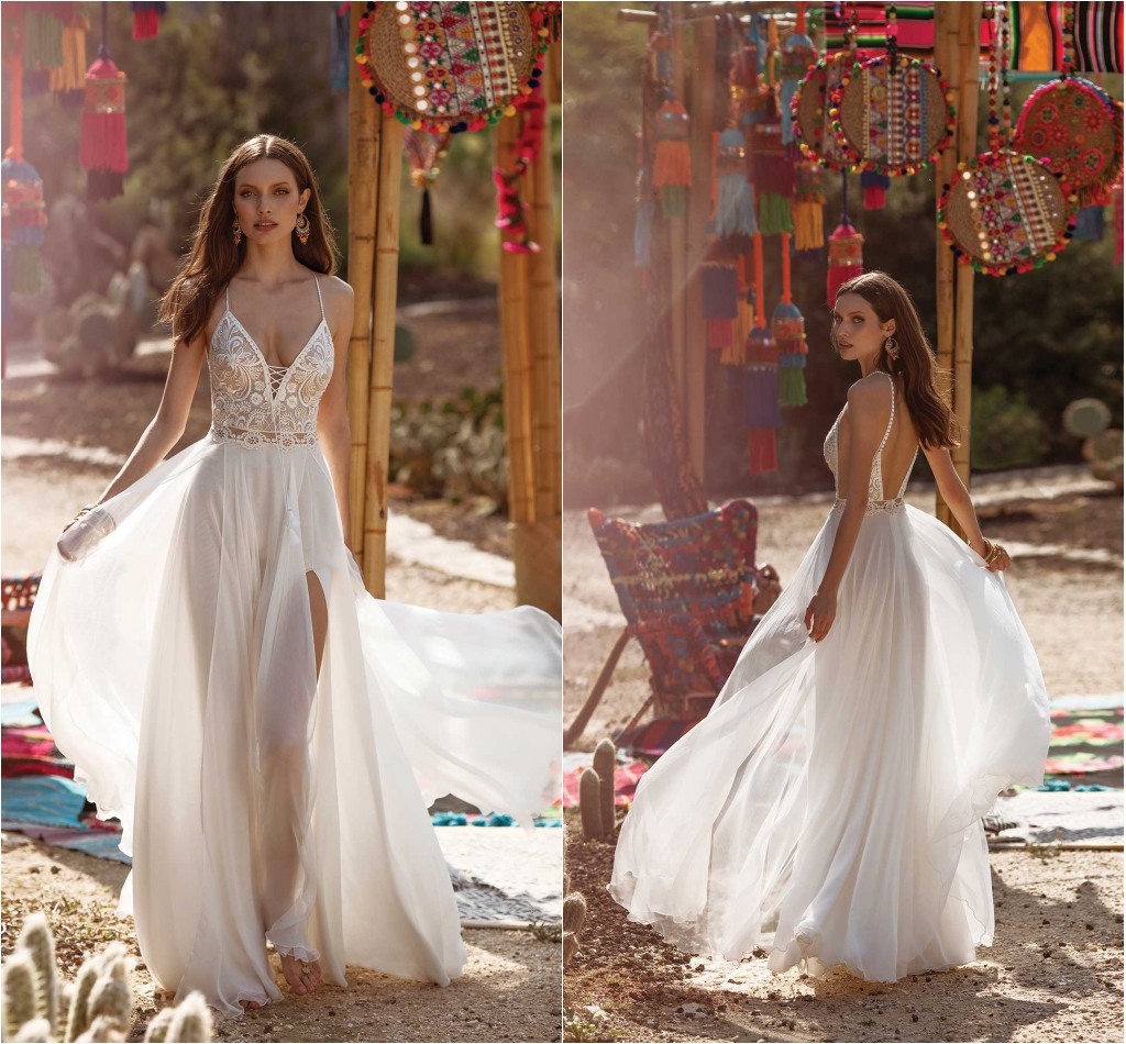 asaf dadush chiffon split wedding dresses lace appliqued beach spaghetti v neck a line bridal gowns vestido de novia