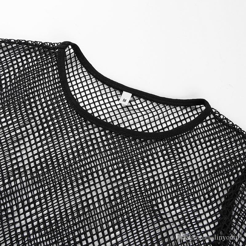 2020 Women T-shirt Solid Black Mesh Sexy Hot Long Sleeve Perspective Mesh Fishnet Crop Tops T-Shirt 2020