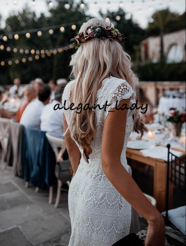 Vintage Crochet Lace Mermaid Wedding Dresses 2019 Retro Cap Sleeve Backless Full length Cotton Boheian Hippie Trumpet Wedding Gown