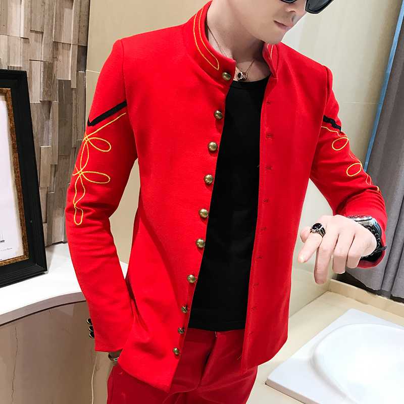 4 Color Gold Button Chinese Collar Blazers Slim Fit Mens Pattern Army Pilot Jacket Men Black Blue Red White Blazer
4 Color Gold Button Chinese Collar Blazers Slim Fit Mens Pattern Army Pilot Jacket Men Black Blue Red White Blazer